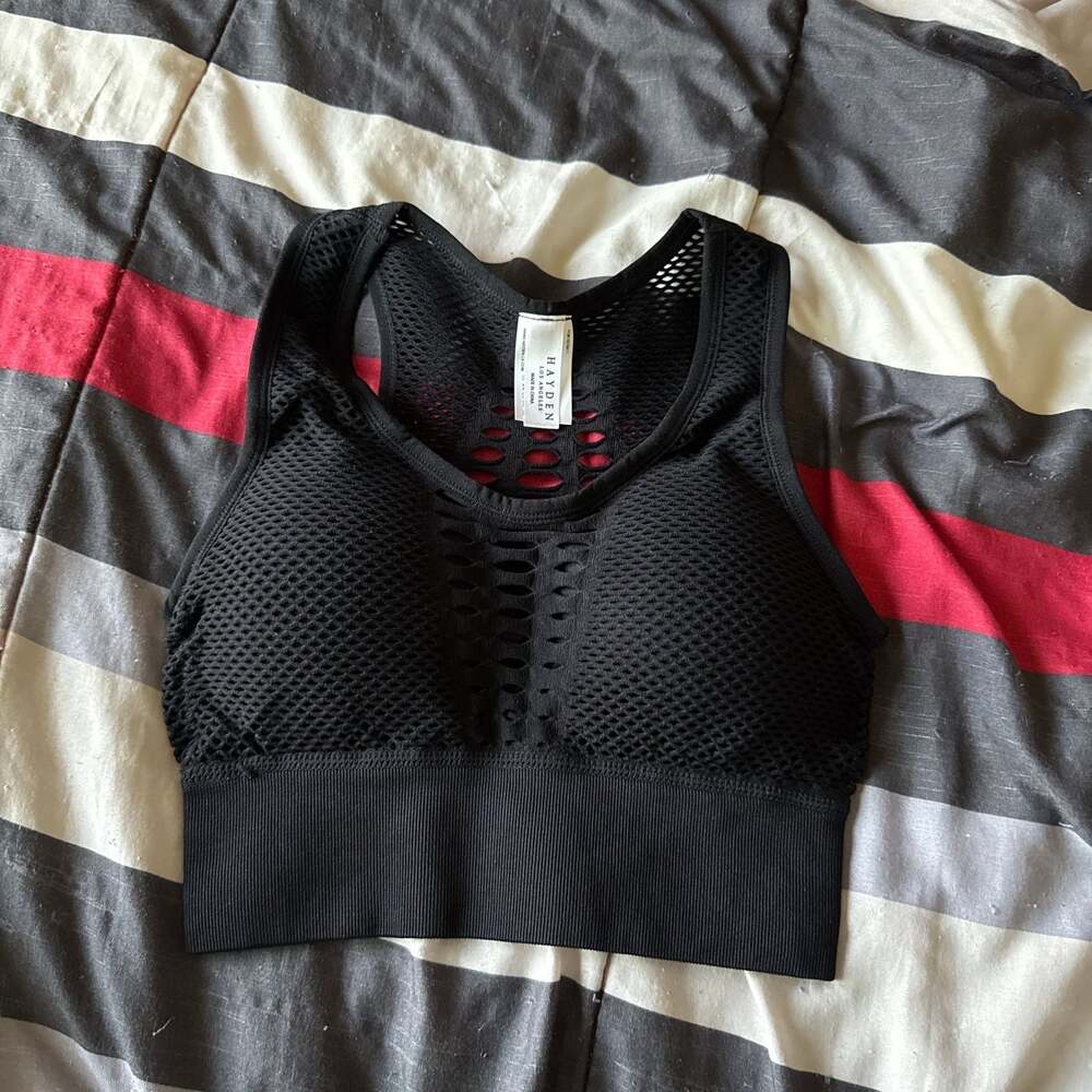 Hayden Los Angeles Black Seamless Laser Cut Mesh Racerback Sports Bra